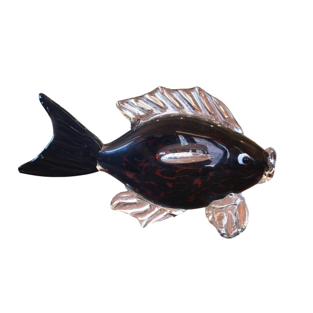 Tortoiseshell Art Glass Fish Figurine Hand Blown Amber Black Animal Sculpture